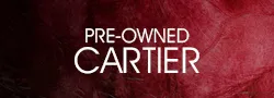 Red background with text Pre-owned Cartier.