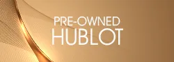 Gold background with text Pre-owned Hublot.