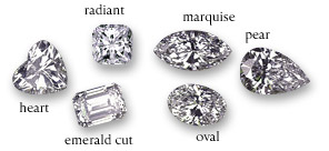 Six diamonds shown in various cuts with text, “Heart, Radiant, Emerald Cut, Marquise, Oval, Pear”.