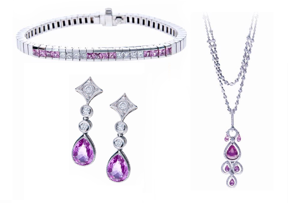 White gold earrings, necklace, and tennis bracelet all set with pink sapphires and diamonds.