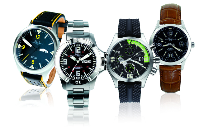 Four Ball watches all in stainless steel with various straps and dials.
