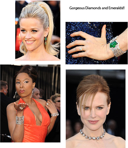 Various celebrities wearing diamond and emerald jewelry.