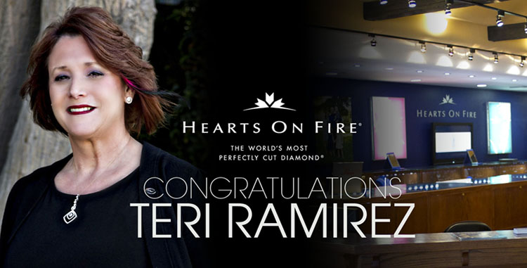 Salesperson Teri Ramirez and Hearts On Fire logo with text, “Congratulations Teri Ramirez”.