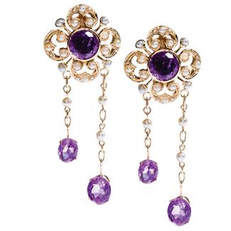 Yellow gold Victorian dangle earrings set with purple gemstones.