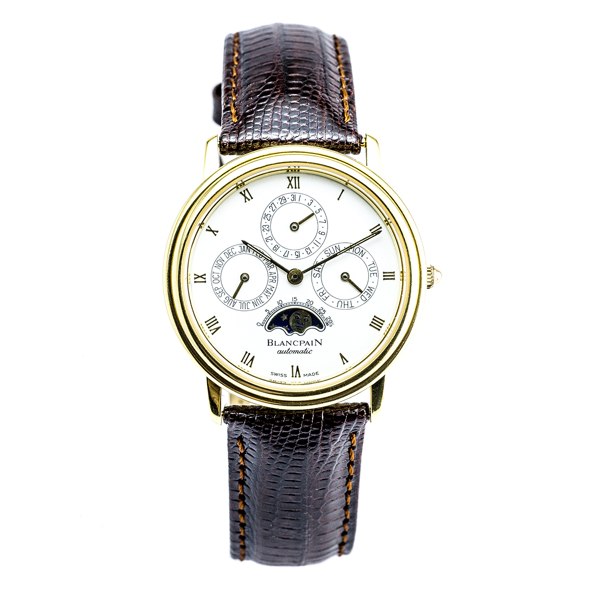 Pre-owned men’s Blancpain in yellow gold with a white dial, roman numeral markers, and brown leather strap.