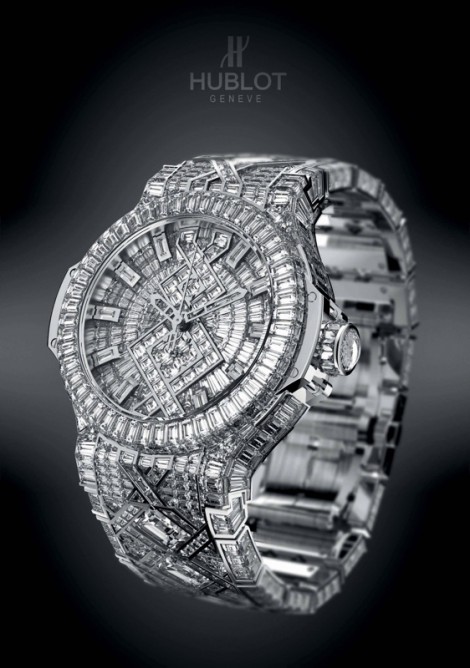 Jay-Z's Hublot Big Bang watch in white gold with a diamond dial, bezel, and bracelet.