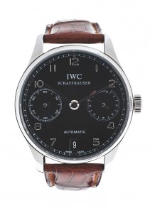 Pre-owned men’s IWC Portuguese in stainless steel with a black dial, brown leather strap, and automatic movement.