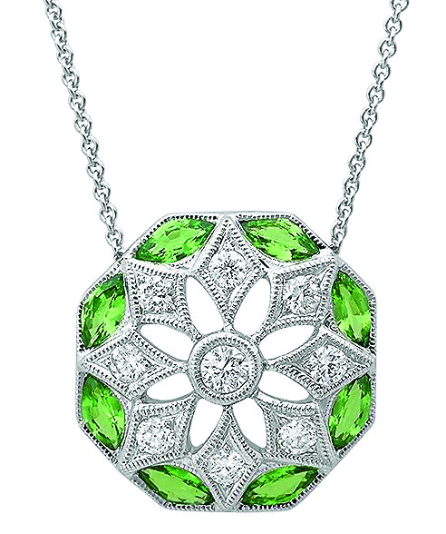 Vintage white gold Beverly K flower pendant set with diamonds and peridot.