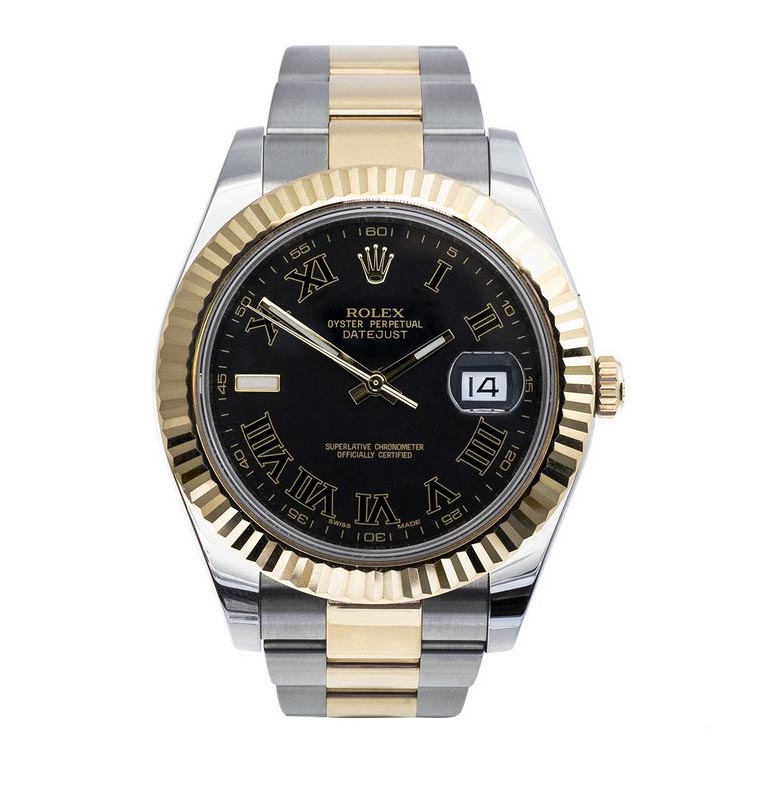 Pre-owned men’s Rolex Datejust in stainless steel and yellow gold with a black dial and
roman numeral markers.