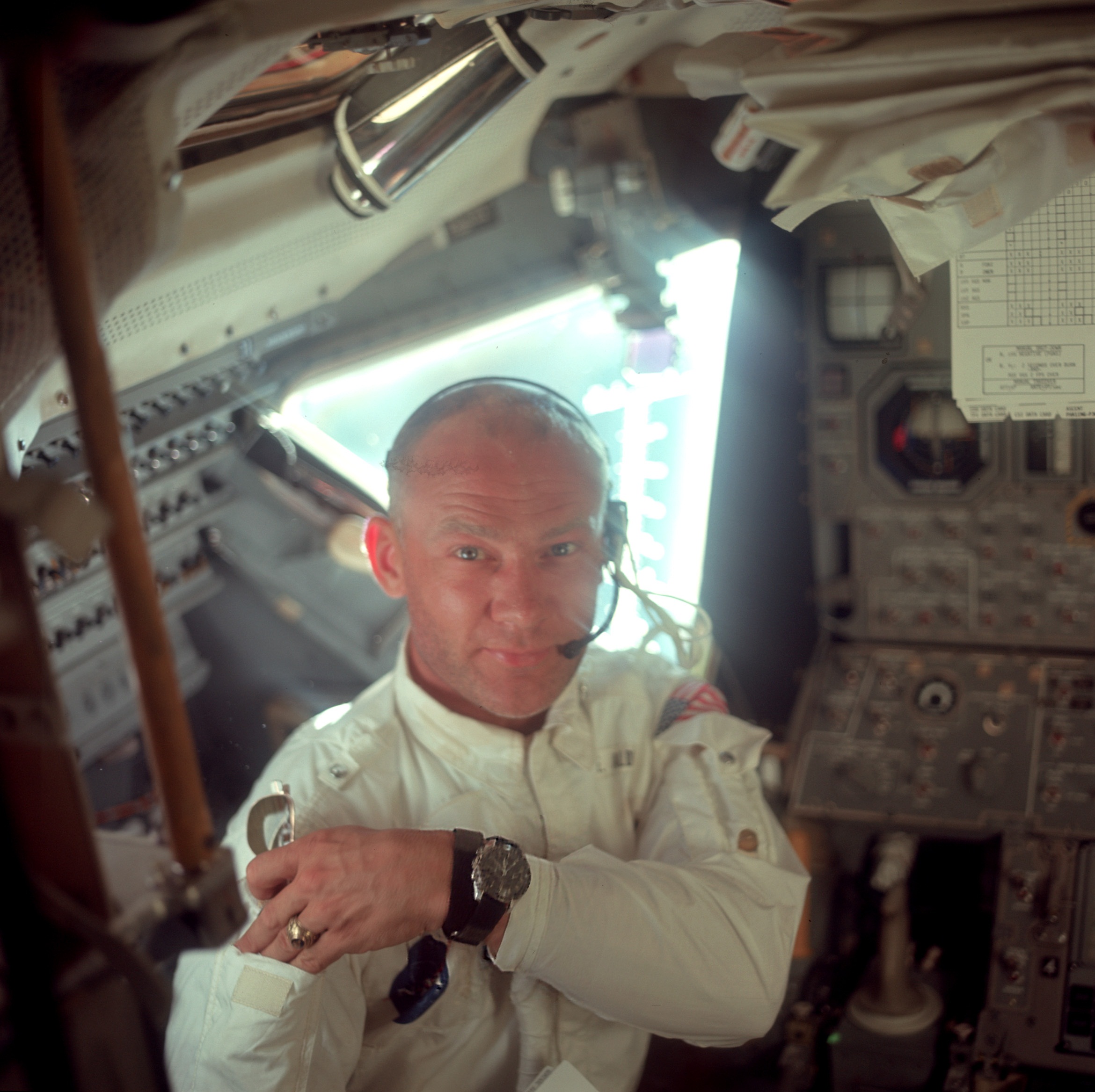 Astronaut on spaceship wearing Omega Speedmaster.