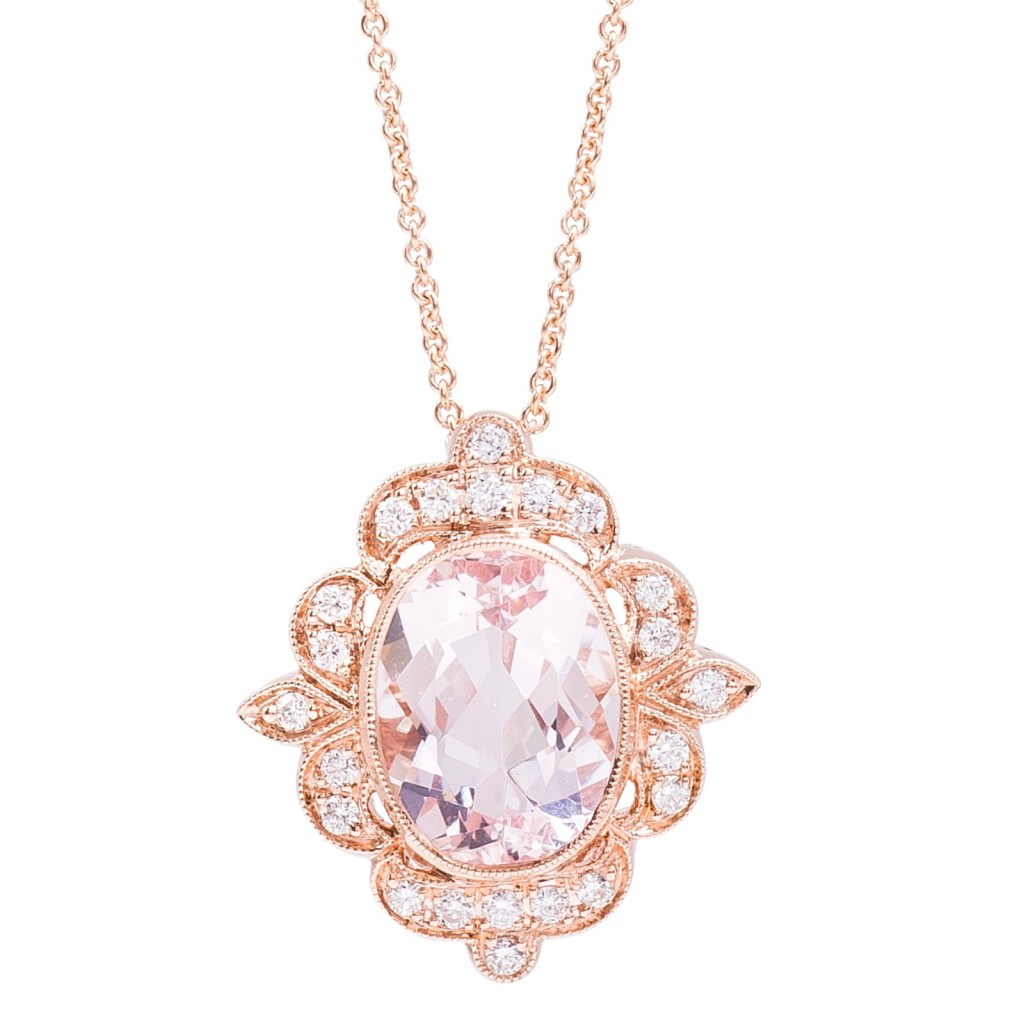 Vintage rose gold Beverley K necklace centered with rose quartz and diamonds.