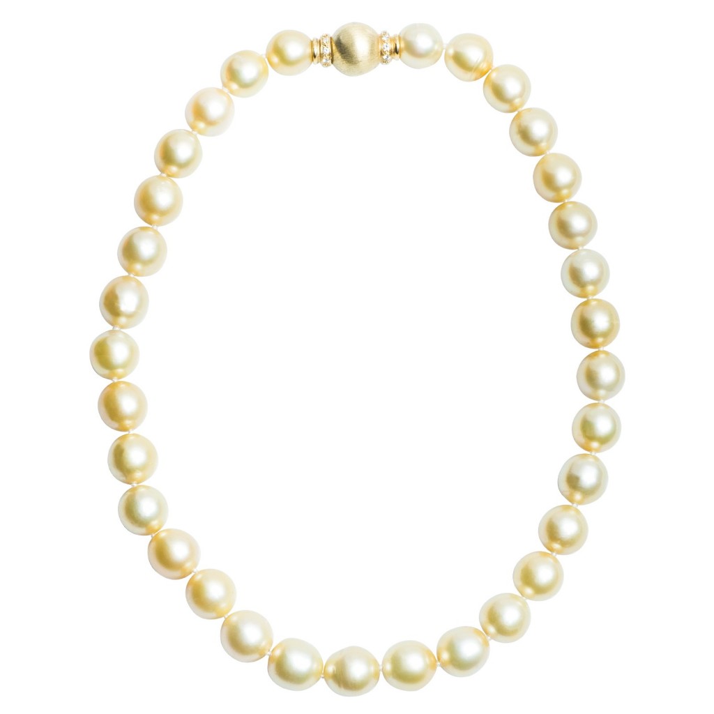 Golden South Sea pearl necklace with a yellow gold clasp.