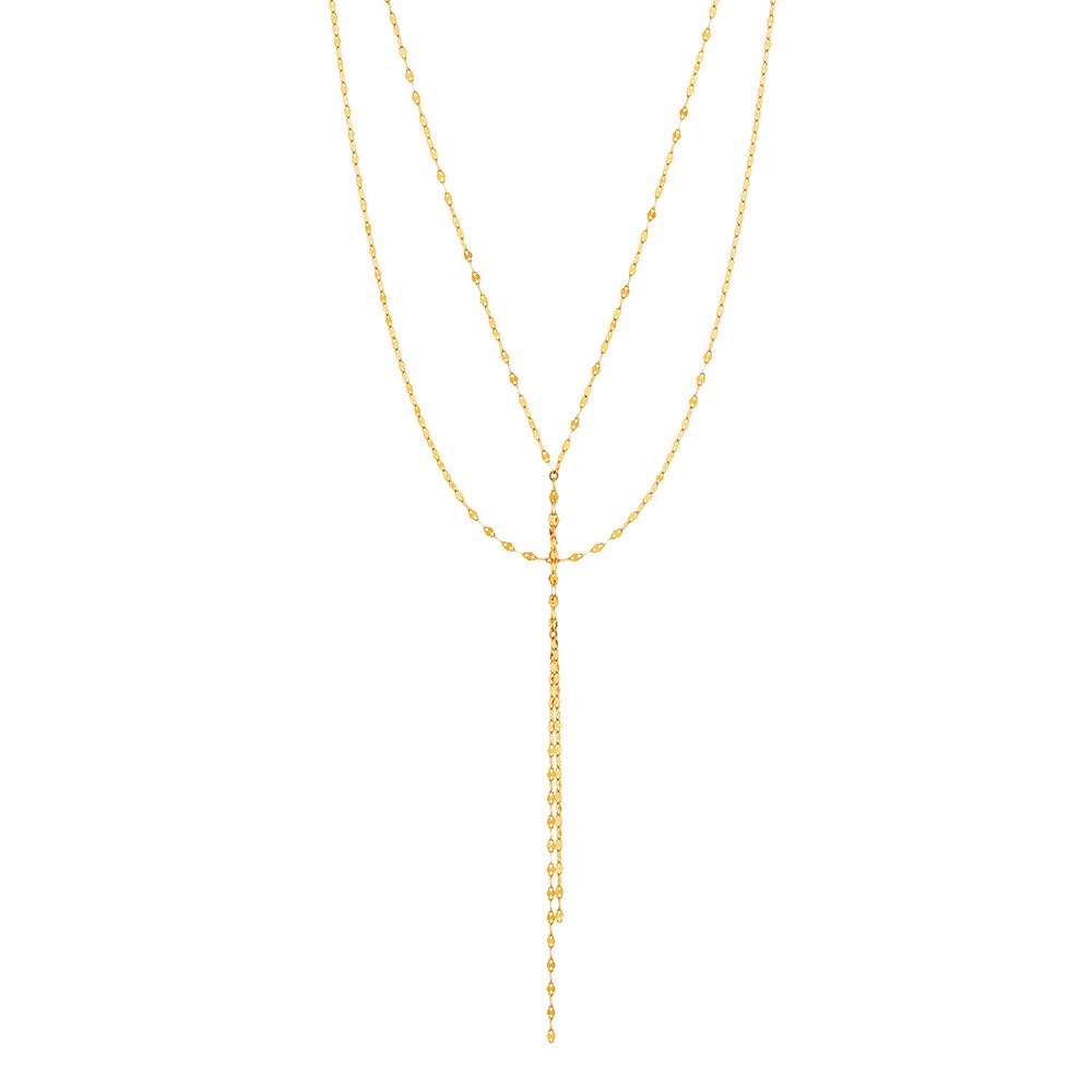 Yellow gold lariat layered necklaces.