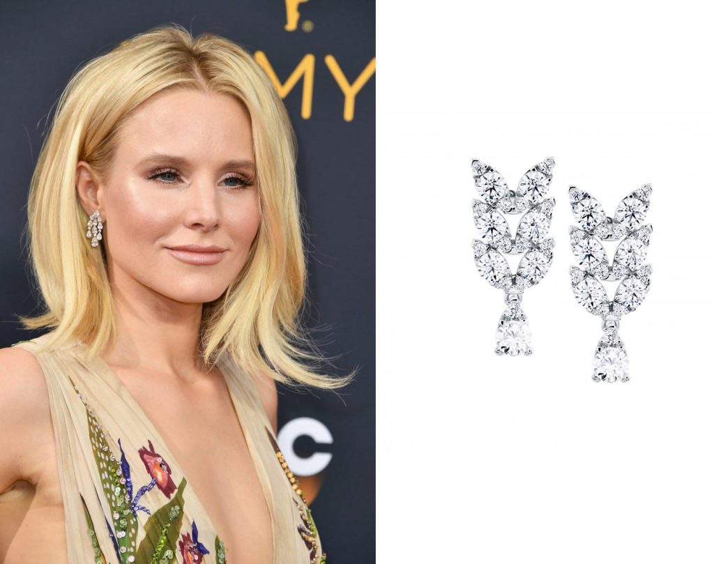 Celebrity wearing white gold diamond dangle earrings at the 2016 Emmy Awards red
carpet.