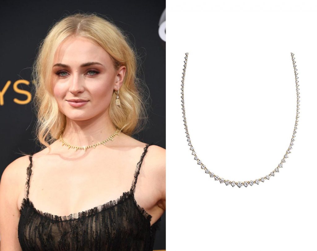 Celebrity wearing yellow gold diamond tennis necklace at the 2016 Emmy Awards red
carpet.