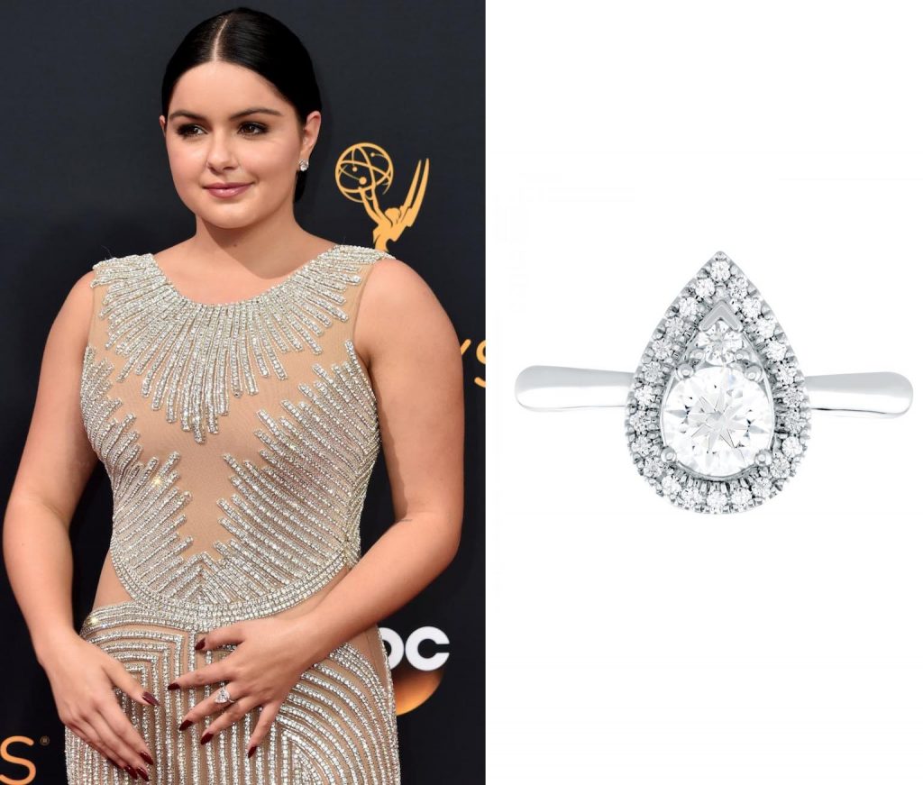 Celebrity wearing white gold diamond engagement ring with a diamond halo at the 2016
Emmy Awards red carpet.