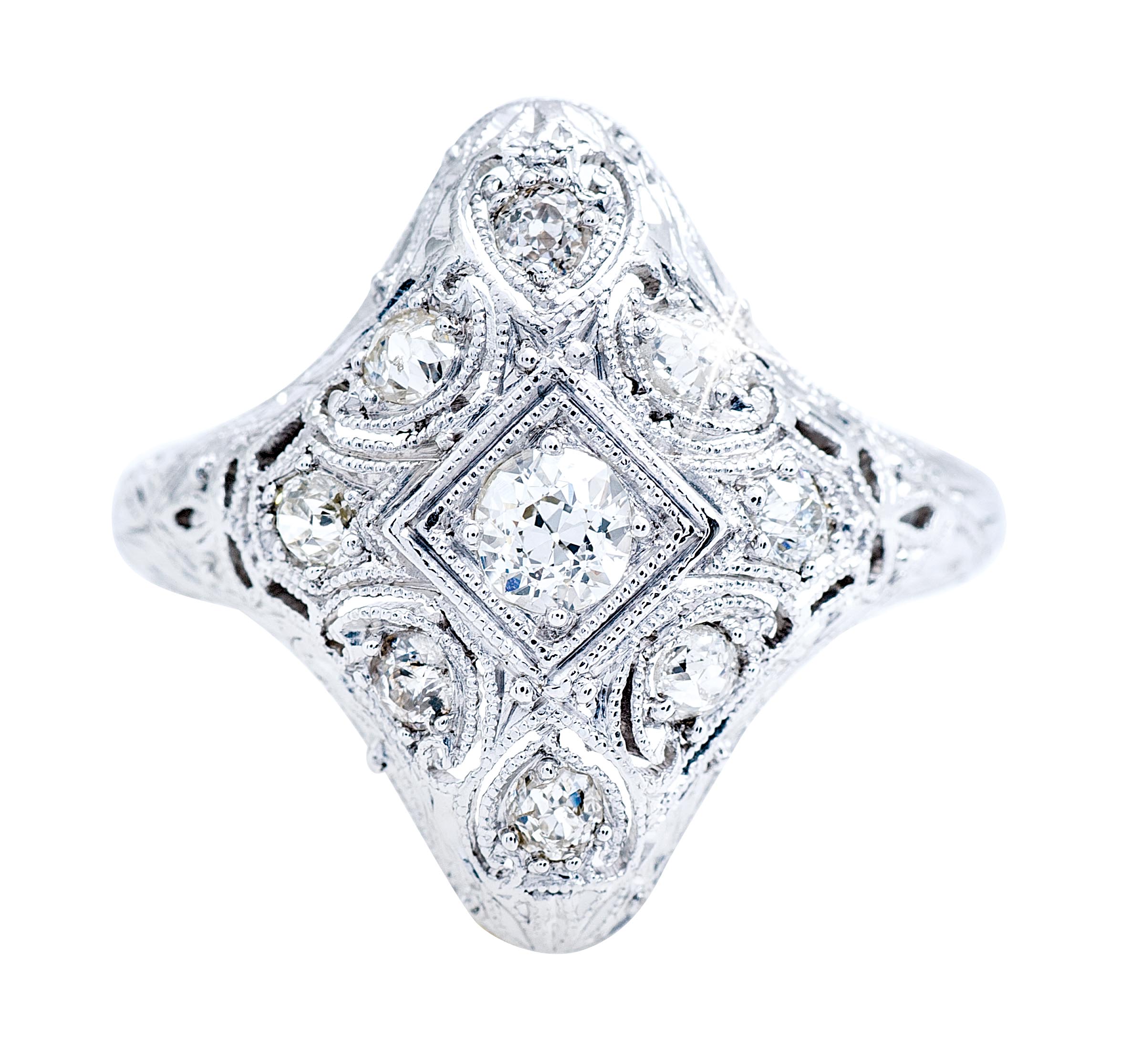 Platinum Edwardian diamond elongated ring.