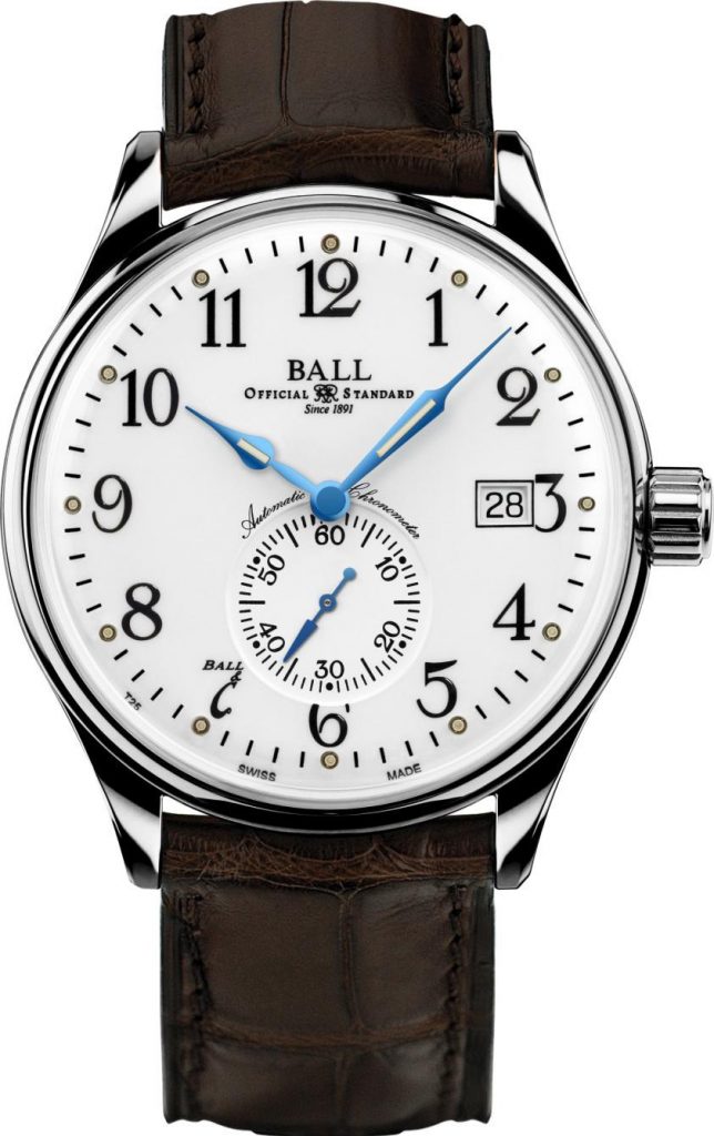 Pre-owned men’s Ball watch in stainless steel with a white dial and brown leather strap.