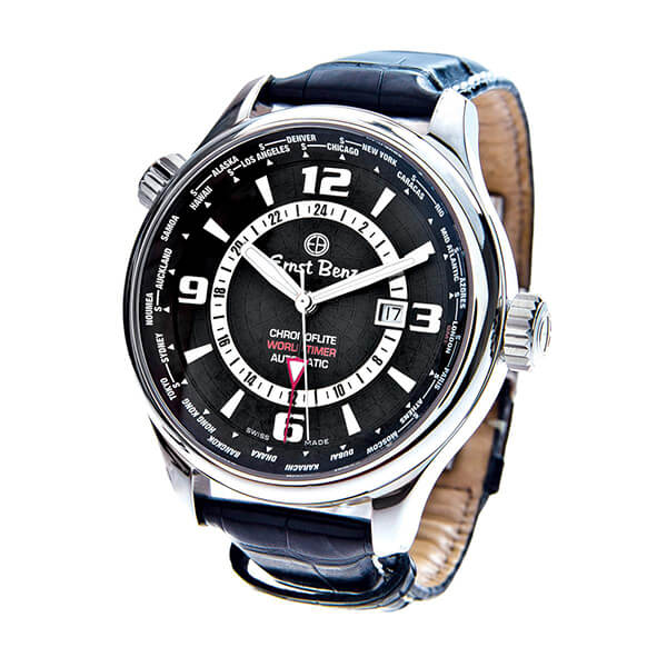 Pre-owned men’s Ernst Benz Worldtimer in stainless steel with a black dial and black
leather strap.