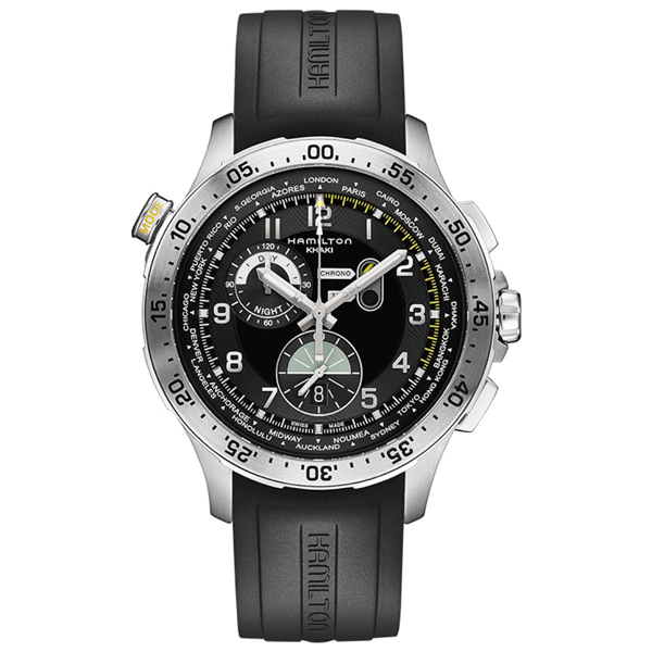 Pre-owned men’s Hamilton Khaki Chrono Worldtimer in stainless steel with a black dial, yellow and white marker, and a black rubber strap.
