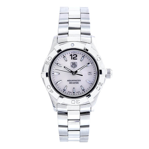 Pre-owned women’s TAG Heuer Aquaracer in stainless steel with a white dial.