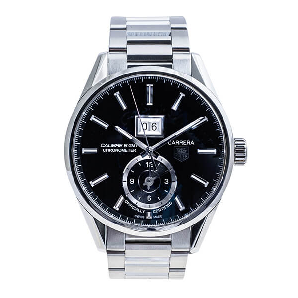 Pre-owned men’s TAG Heuer Carrera in stainless steel with a black dial.