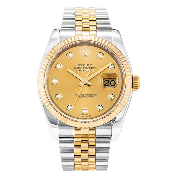 Pre-owned men’s Rolex Datejust in stainless steel and yellow gold with a gold diamond
dial.