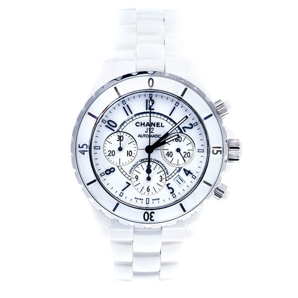 Pre-owned Chanel watch in stainless steel with a white dial.f