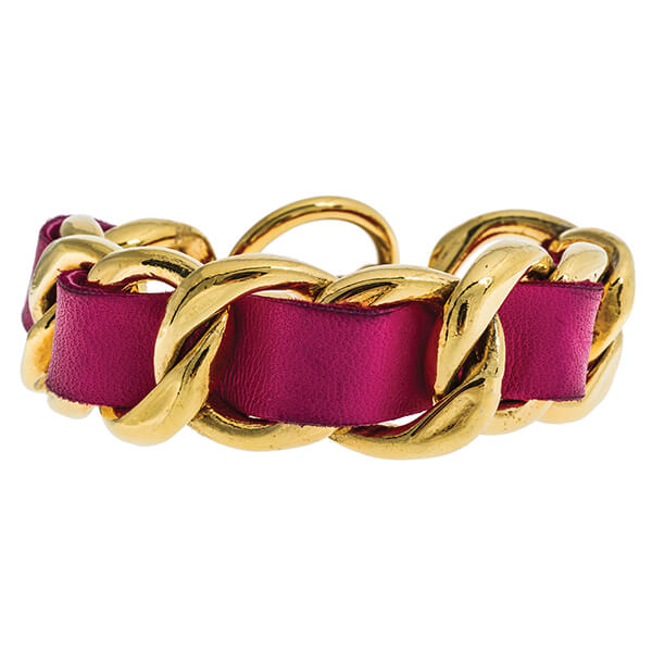 Vintage yellow gold and red leather Chanel chain link bracelet.