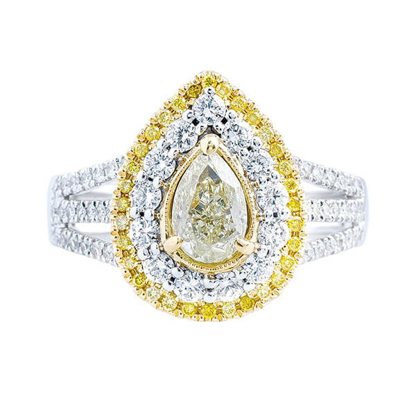 White and yellow gold three-row engagement ring centered with a light fancy yellow
diamond surrounded by a double halo of white and yellow diamonds and white diamonds
in the bands.