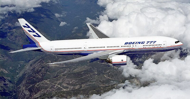 Aerial view of a Boeing 777 during in-air travel.