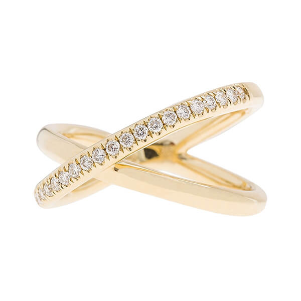 Yellow gold crisscross diamond cocktail ring.
