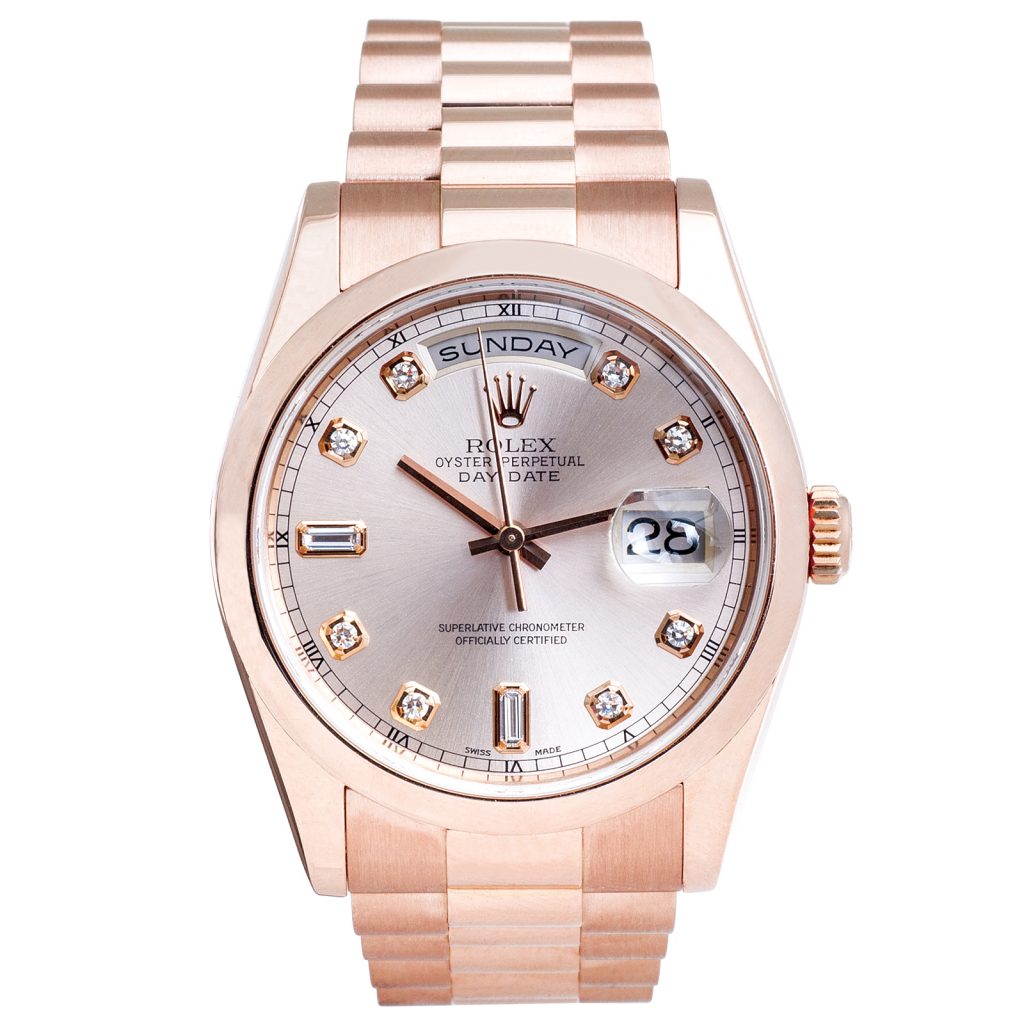 Pre-owned women’s Rolex Day Date in rose gold with a mother-of-pearl diamond dial.