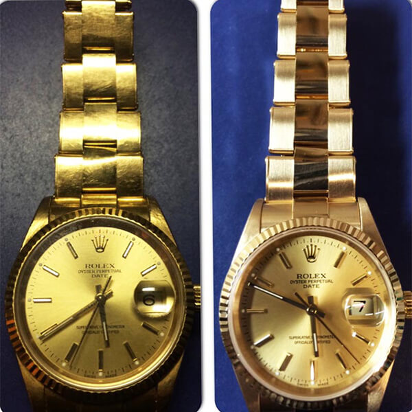 Before and after refinishing images of a pre-owned Rolex Date in yellow gold with a
gold dial.