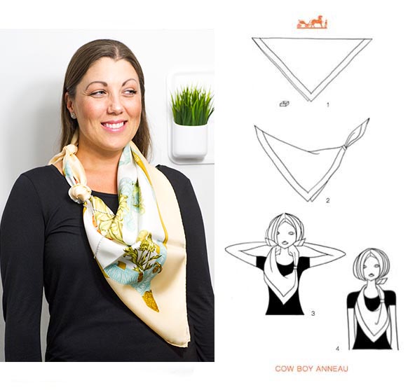 Woman wearing vintage Hermes scarf with diagram showing how to tie around neck.