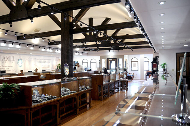 Panoramic view of Leo Hamel Fine Jewelers showroom.