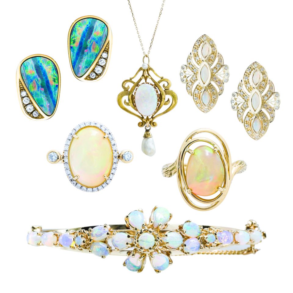 Assorted fine opal jewelry including earrings, rings, a necklace, and a bracelet.