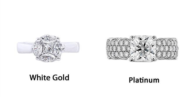 Two images showing white gold and platinum diamond engagement rings.