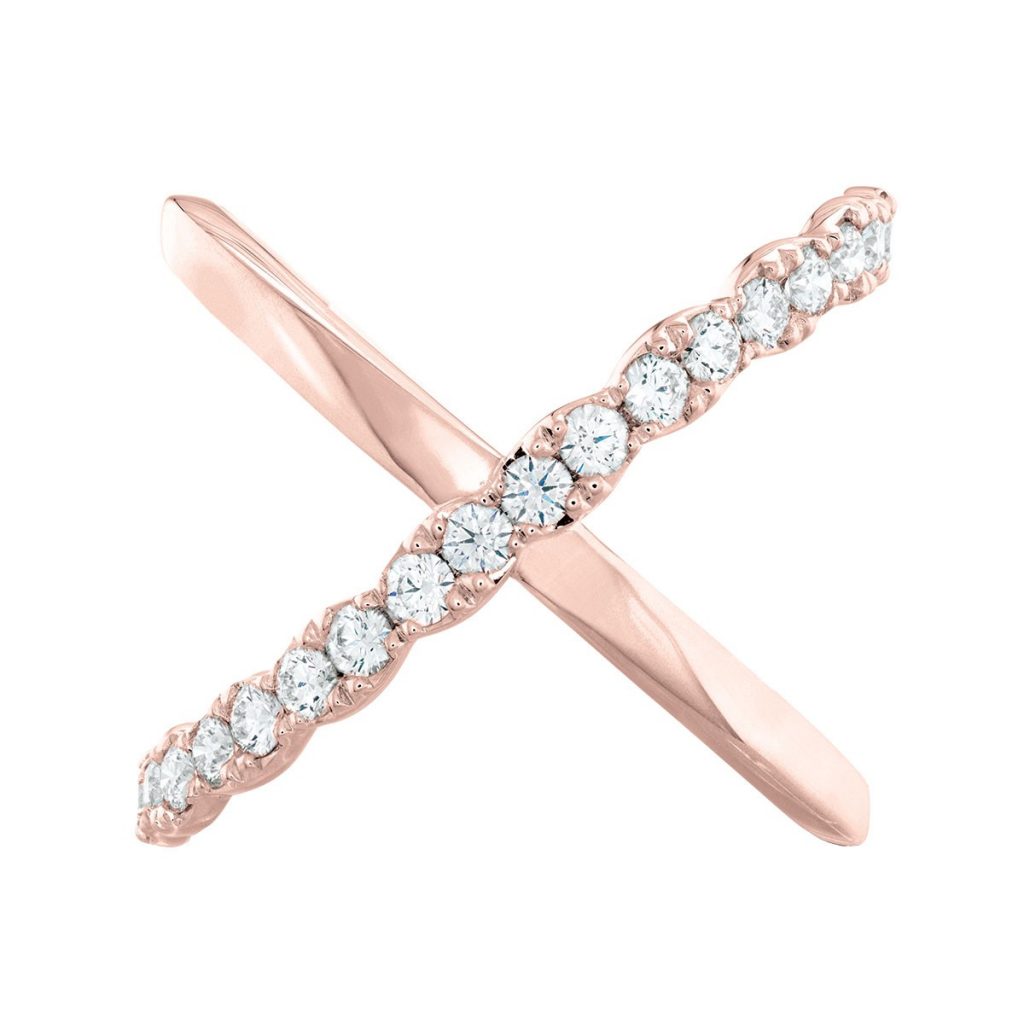 Rose gold crisscross diamond ring.