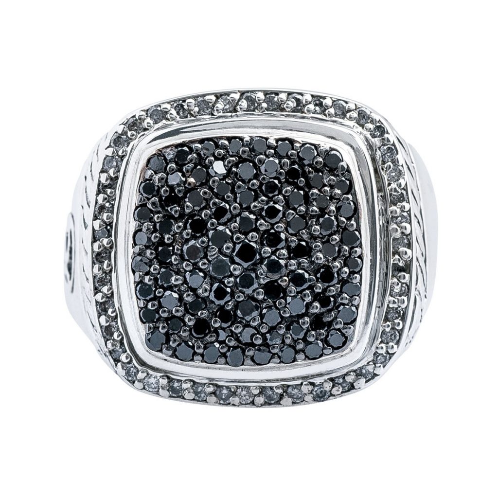 White gold cluster ring set with black diamonds.