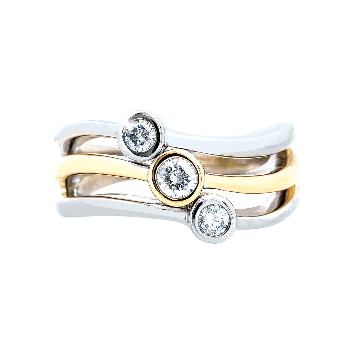 Yellow and white gold curved three-row three-stone diamond engagement ring.