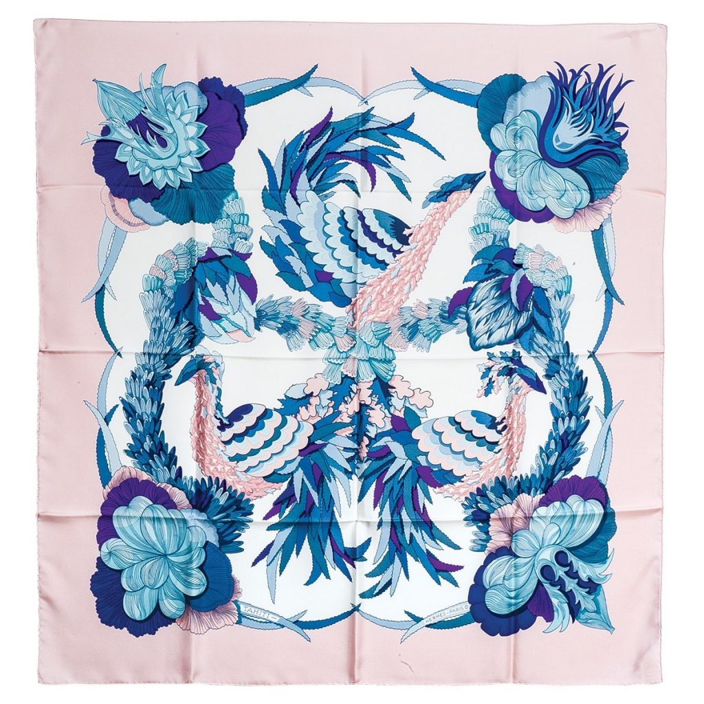 Vintage Hermès scarf in pink with blue peacock and floral center.