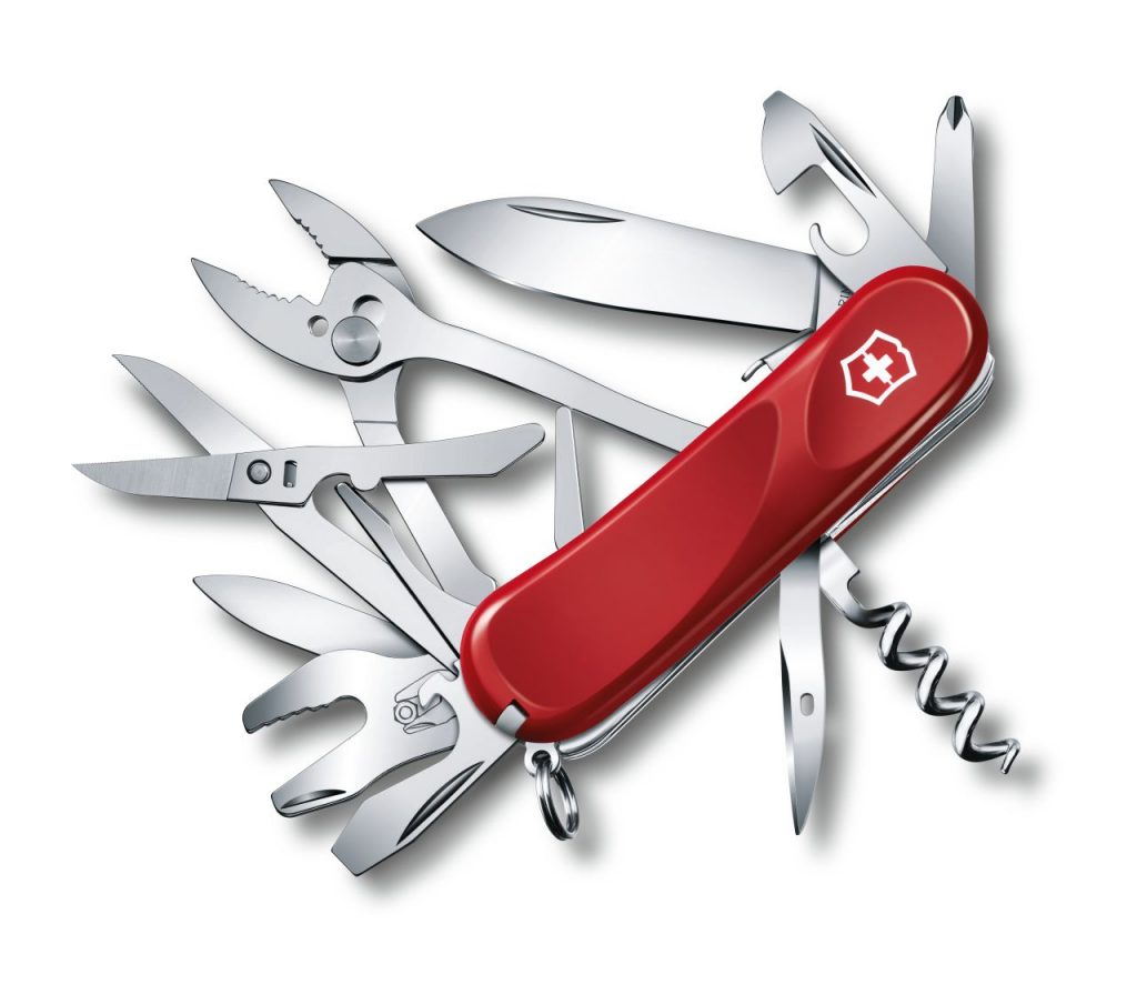 Victorinox Swiss Army ten-function pocketknife in red.