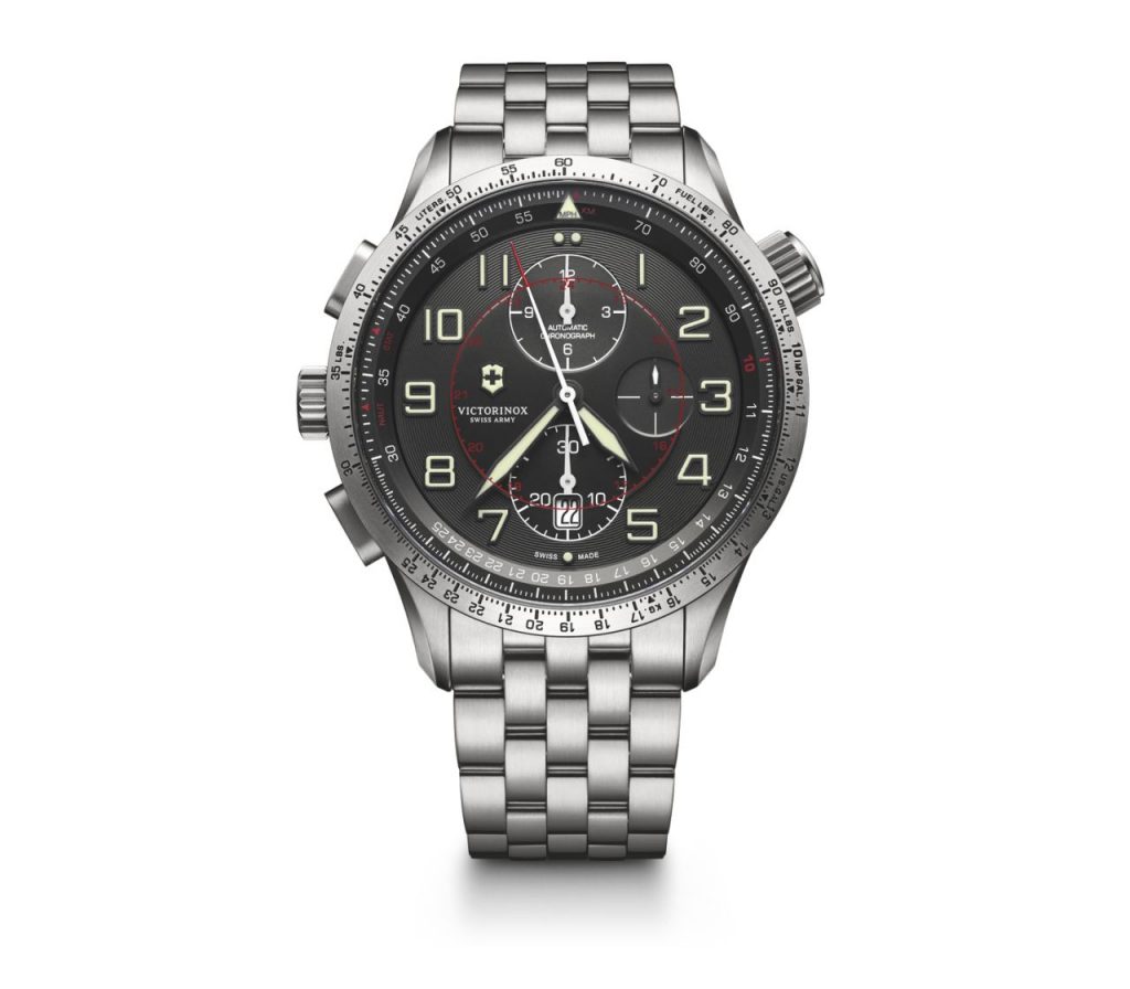 Men’s Victorinox Swiss Army watch in stainless steel with a black dial.