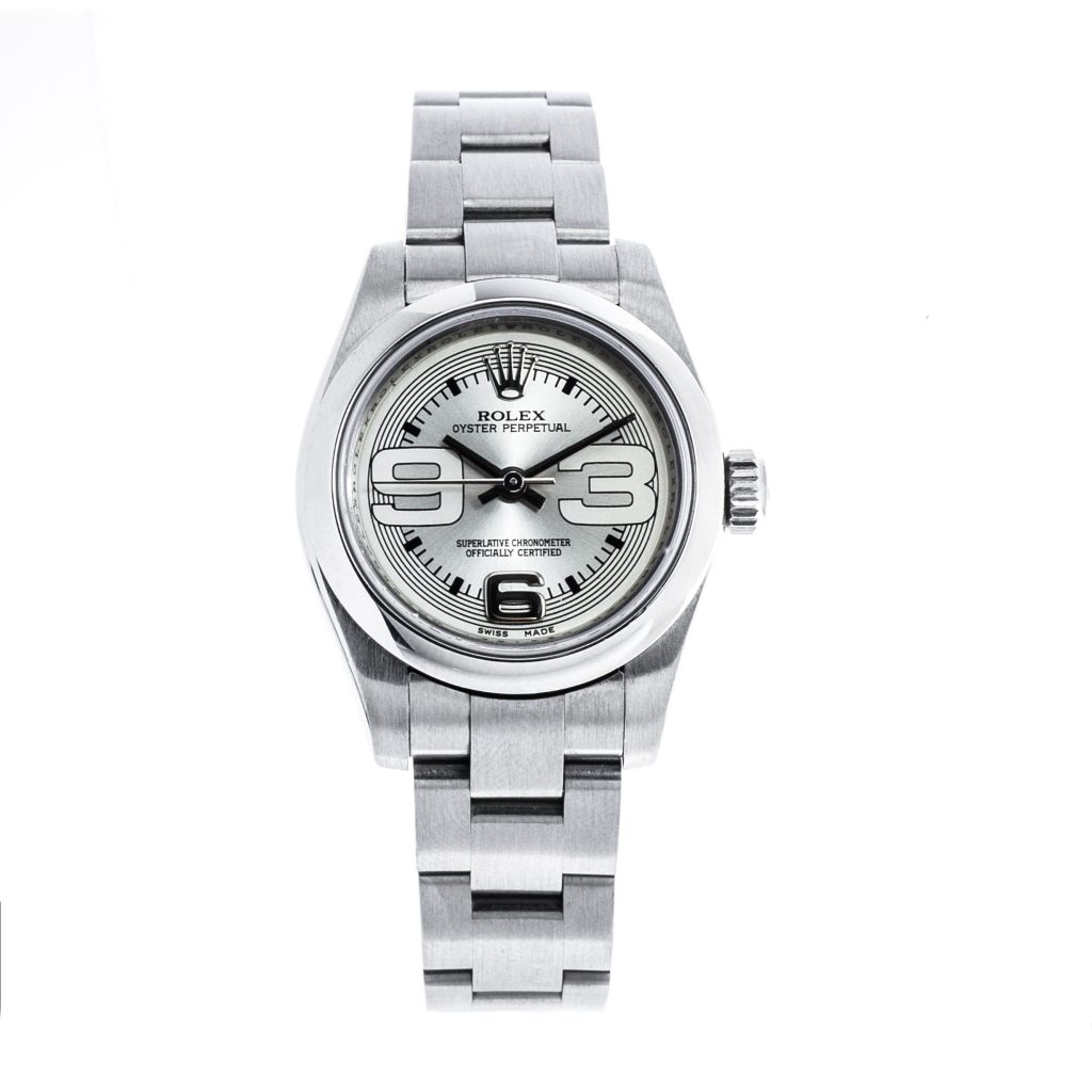 Pre-owned Rolex Oyster Perpetual in stainless steel with a silver dial.