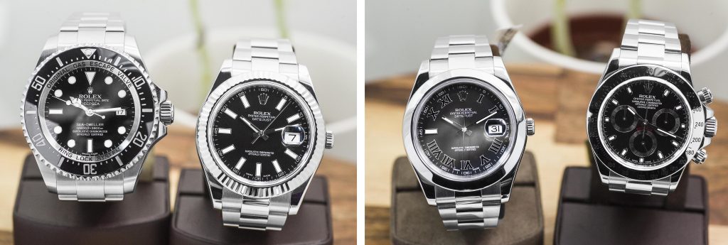 Four pre-owned men’s Rolex watches in stainless steel with black dials.