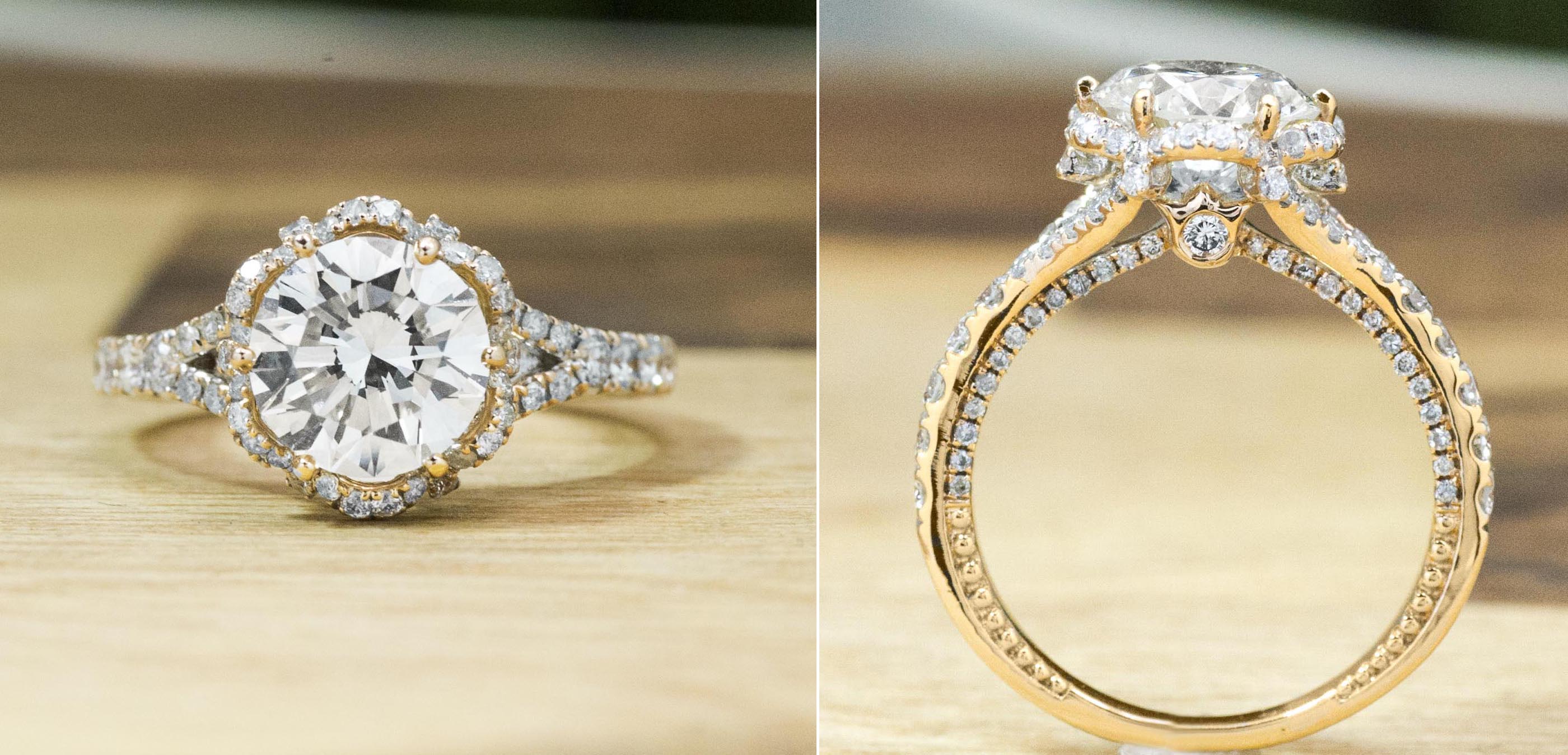 Two images of yellow gold cathedral diamond engagement ring.