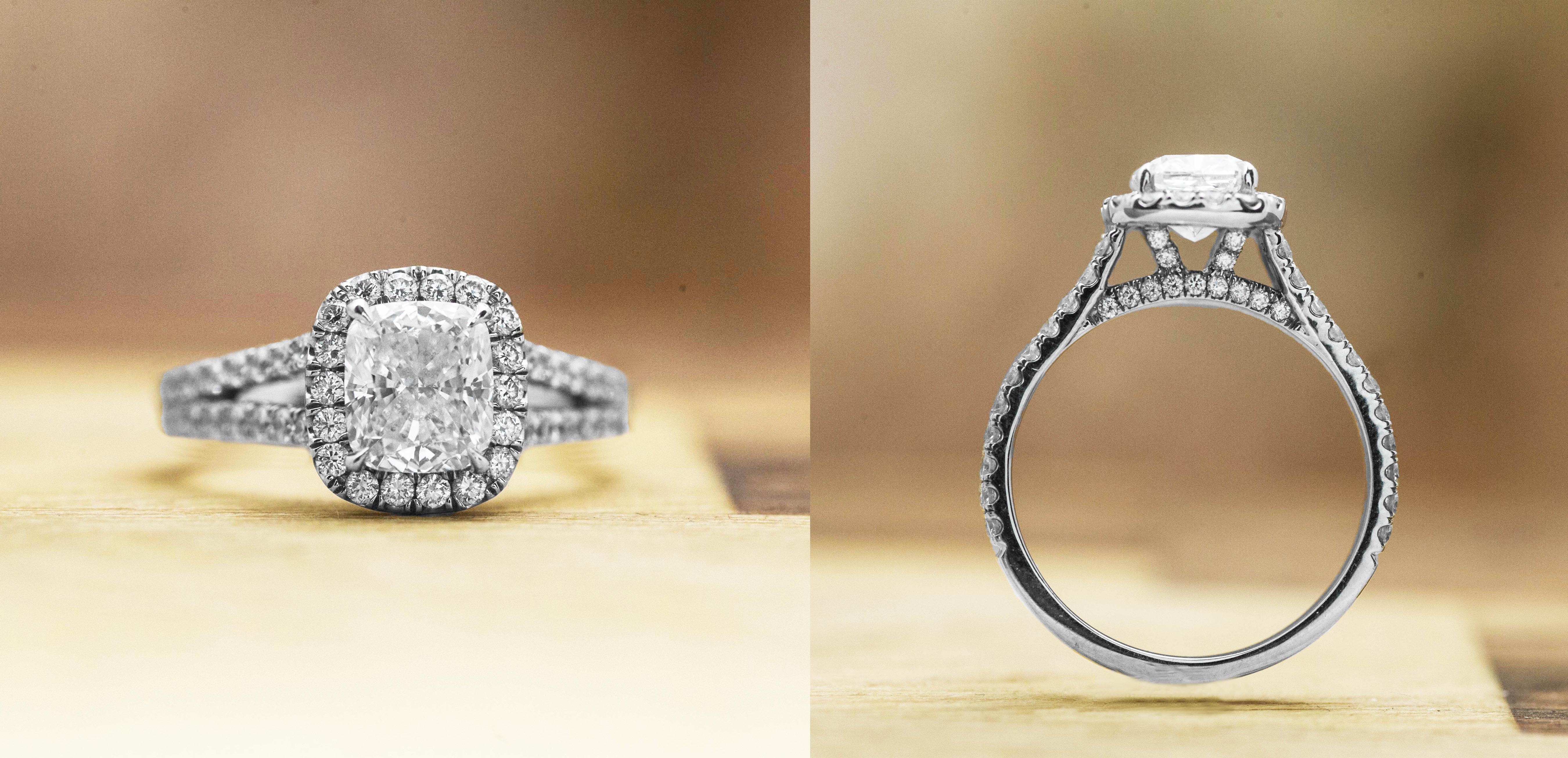 Two images of white gold cathedral diamond engagement ring.