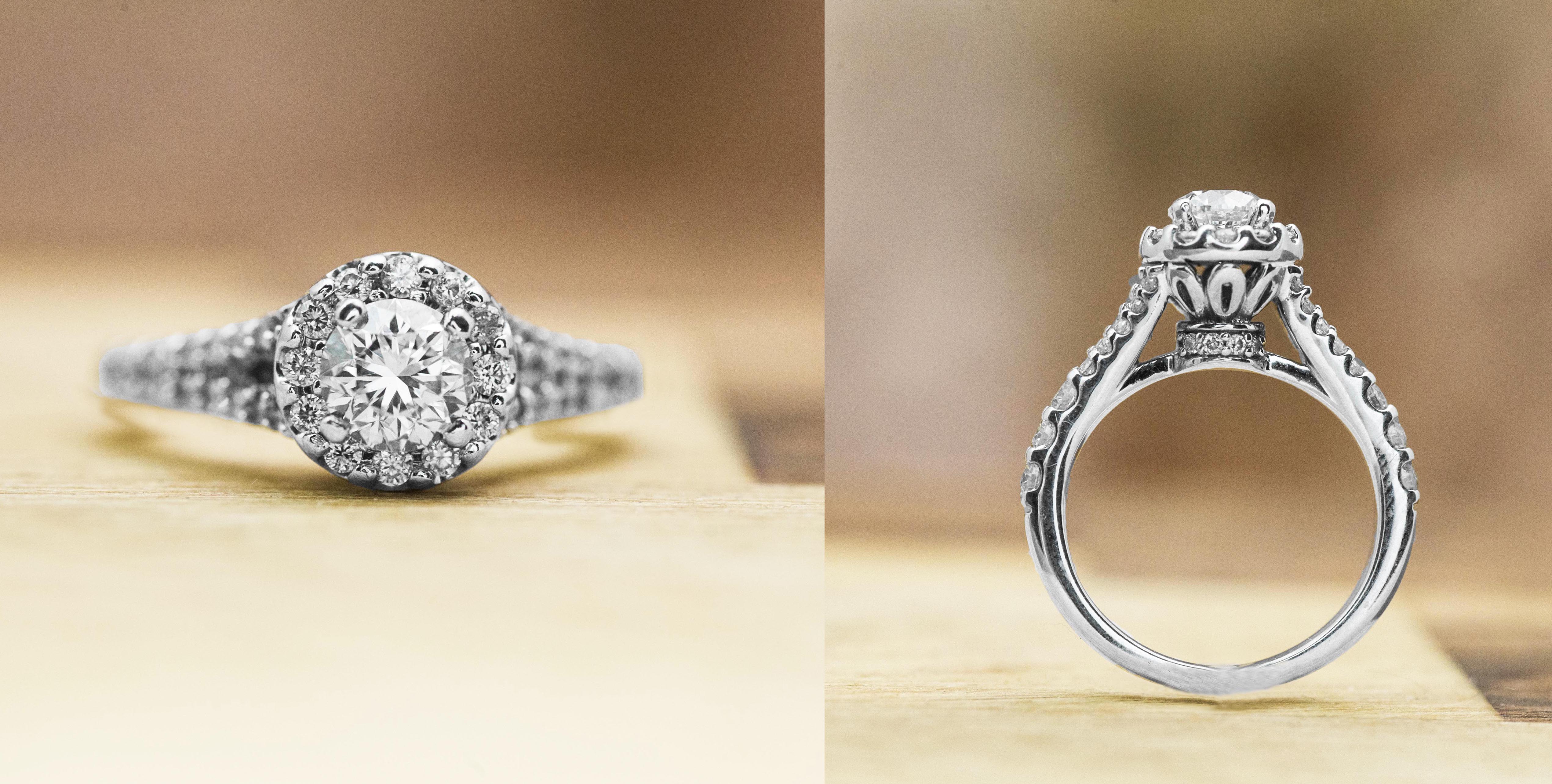 Two images of white gold cathedral diamond engagement ring.