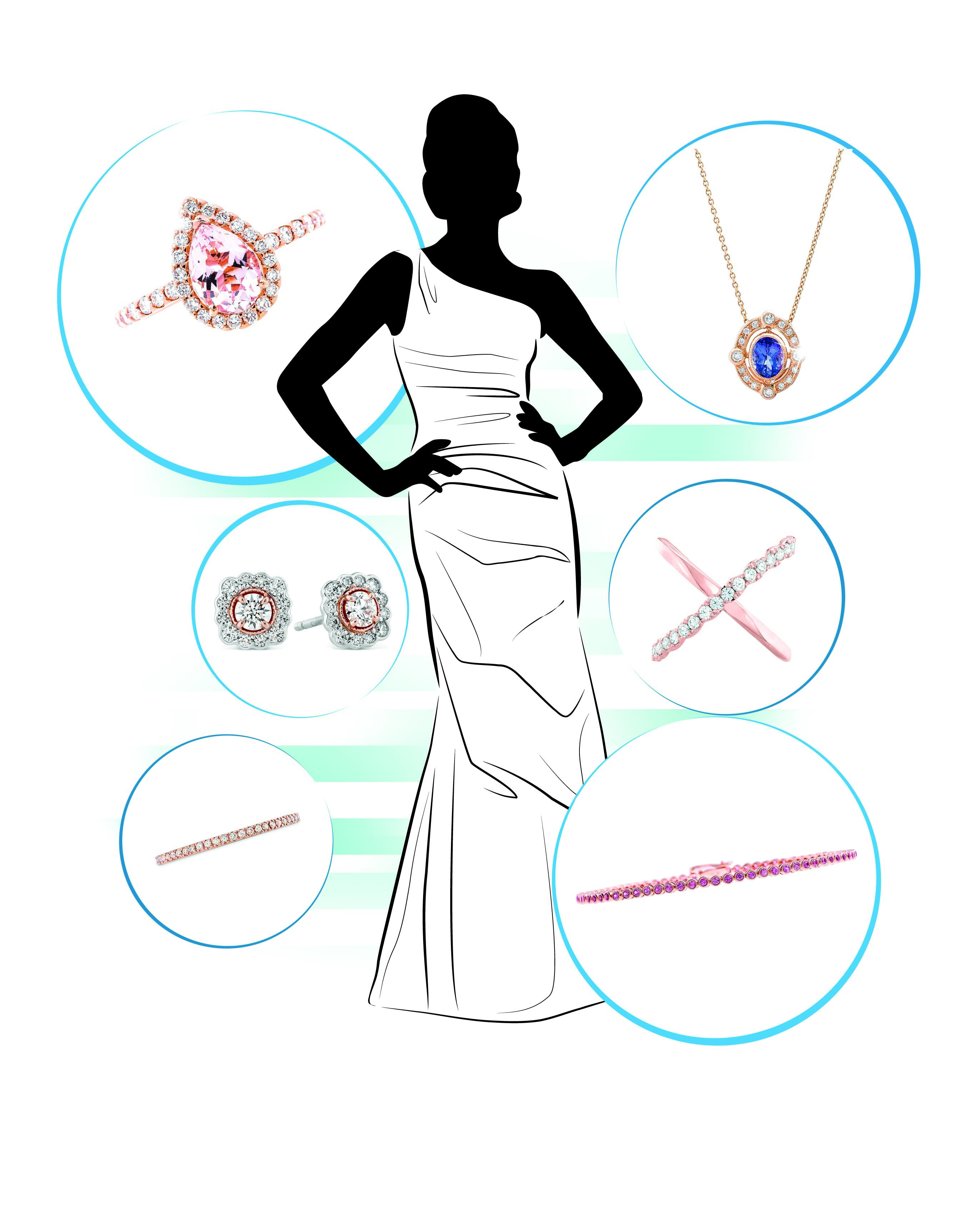 Bride silhouette with styled jewelry featuring a rose gold morganite engagement ring,
rose gold bracelets and crossover ring, white gold morganite stud earrings, and a yellow
gold pendant necklace centered with a blue sapphire.